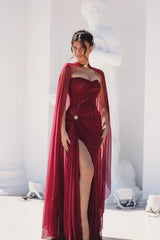 Timeless Burgundy Sweetheart Sleeveless Chiffon Evening Dresses Mermaid High Split On Sale