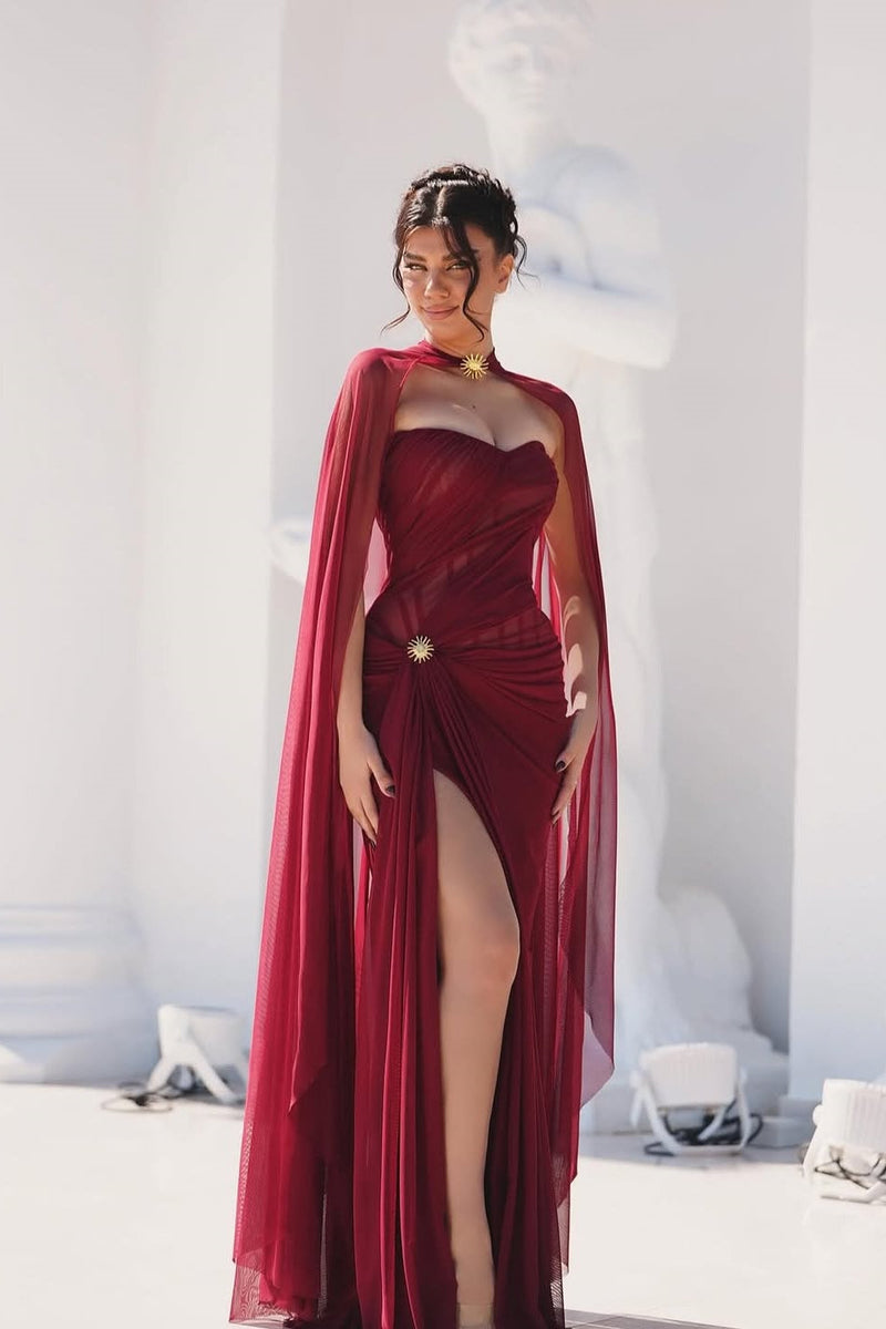 Timeless Burgundy Sweetheart Sleeveless Chiffon Evening Dresses Mermaid High Split On Sale