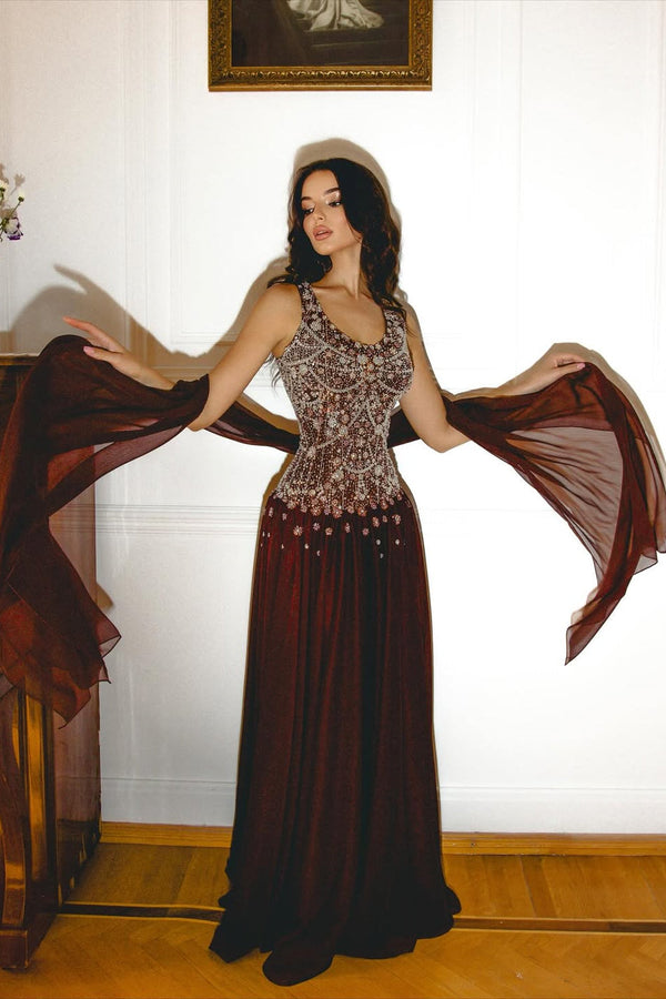 Exquisite Cabernet Straps Sleeveless A-Line Evening Dresses Long Pleats With Beads