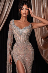 Dazzling V-Neck One Shoulder Mermaid Evening Dresses Sheath Gem With High Split