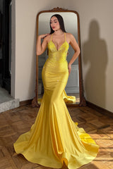 Sparkling Yellow Halter Sleeveless V-Neck Evening Dresses Mermaid Gem With Lace-Up Back