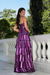 Chic Purple Sweetheart Strapless Sleeveless Evening Dresses High Split Long With Zipper Pleats