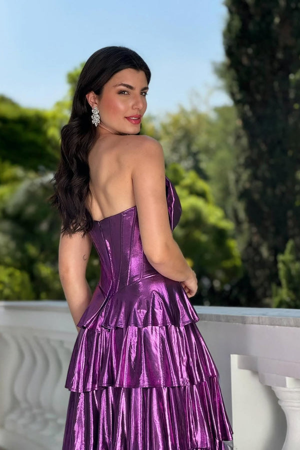 Chic Purple Sweetheart Strapless Sleeveless Evening Dresses High Split Long With Zipper Pleats