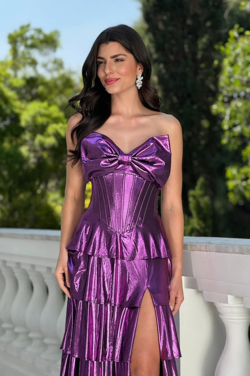 Chic Purple Sweetheart Strapless Sleeveless Evening Dresses High Split Long With Zipper Pleats