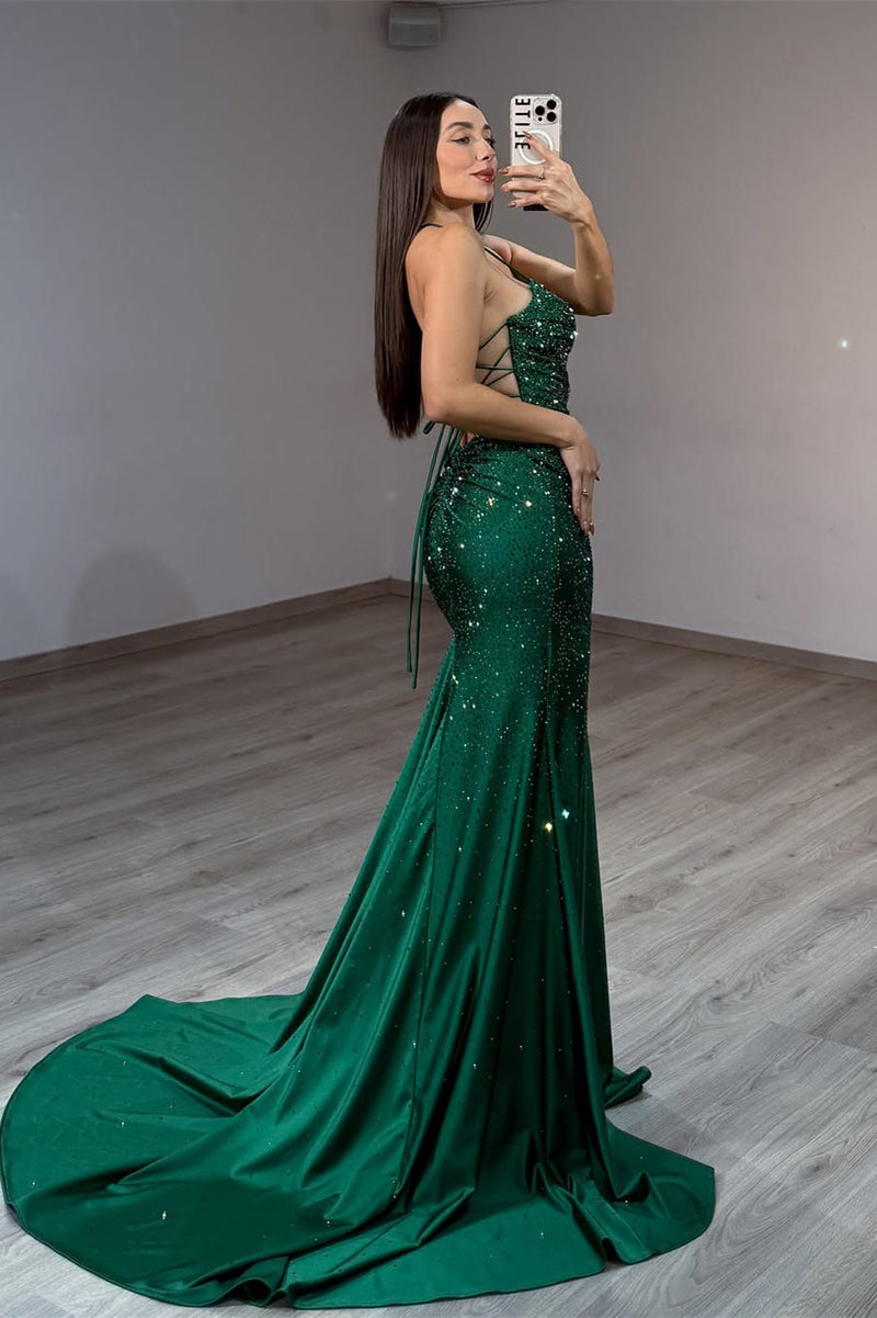 Glamorous Emerald Green Halter Beads V-Neck Evening Dresses Mermaid Side Split With Lace-Up Back