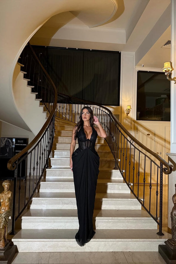 Timeless Black Halter Sleeveless V-Neck Evening Dresses Mermaid Long With Pleats