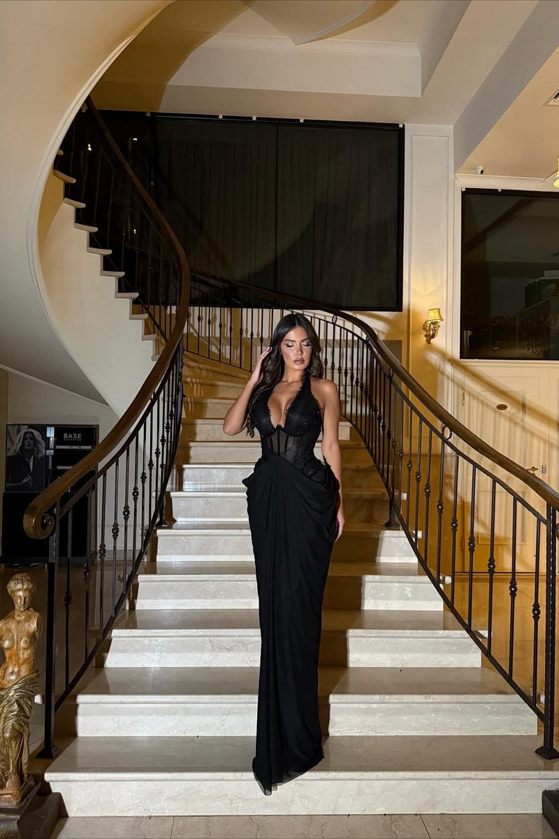 Timeless Black Halter Sleeveless V-Neck Evening Dresses Mermaid Long With Pleats