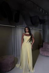 Dreamy Daffodil Strapless Sleeveless Chiffon Evening Dresses A-Line Long With Pleats