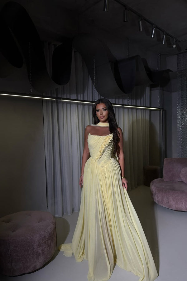 Dreamy Daffodil Strapless Sleeveless Chiffon Evening Dresses A-Line Long With Pleats