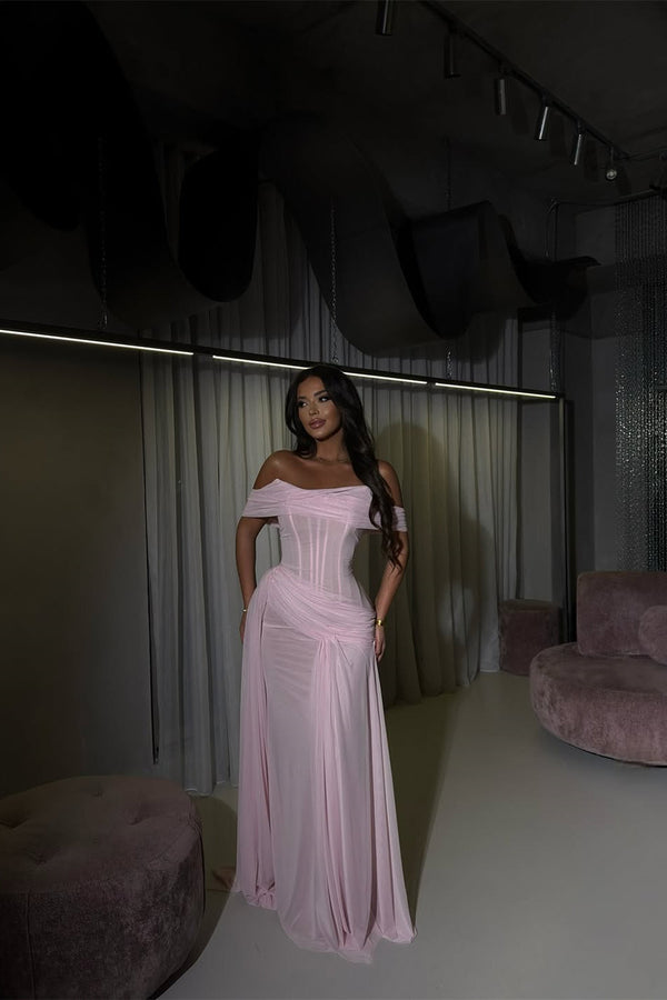 Timeless Pink Off-The-Shoulder Chiffon Evening Dresses Mermaid Sheath With Ruffle Pleats