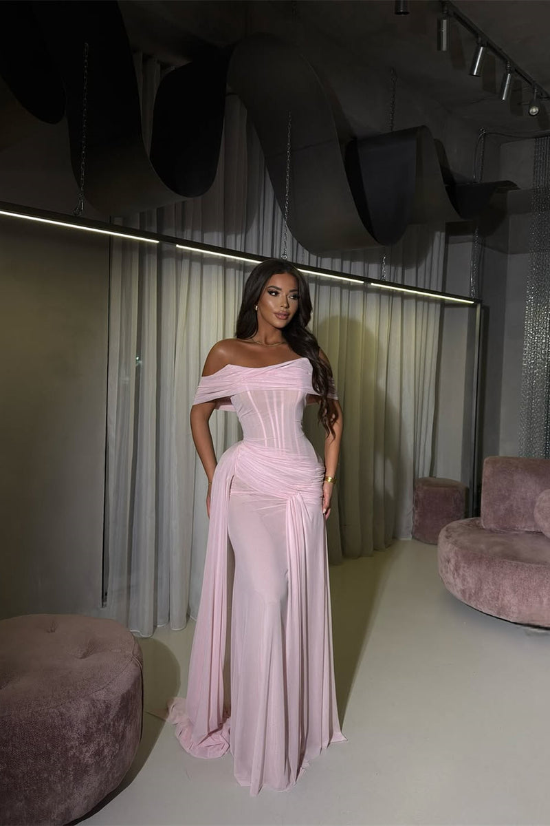 Timeless Pink Off-The-Shoulder Chiffon Evening Dresses Mermaid Sheath With Ruffle Pleats