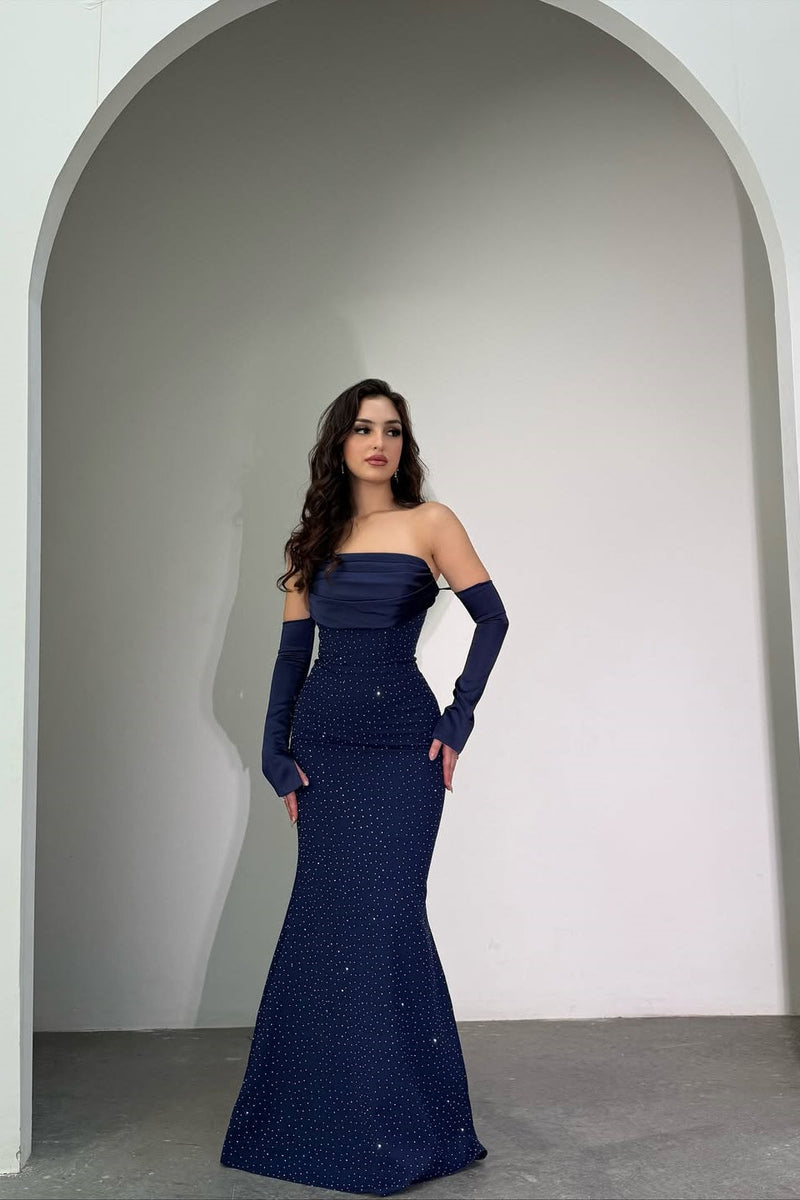 Classy Dark Navy Strapless Mermaid Evening Dresses Detachable Sleeves With Beads Zipper