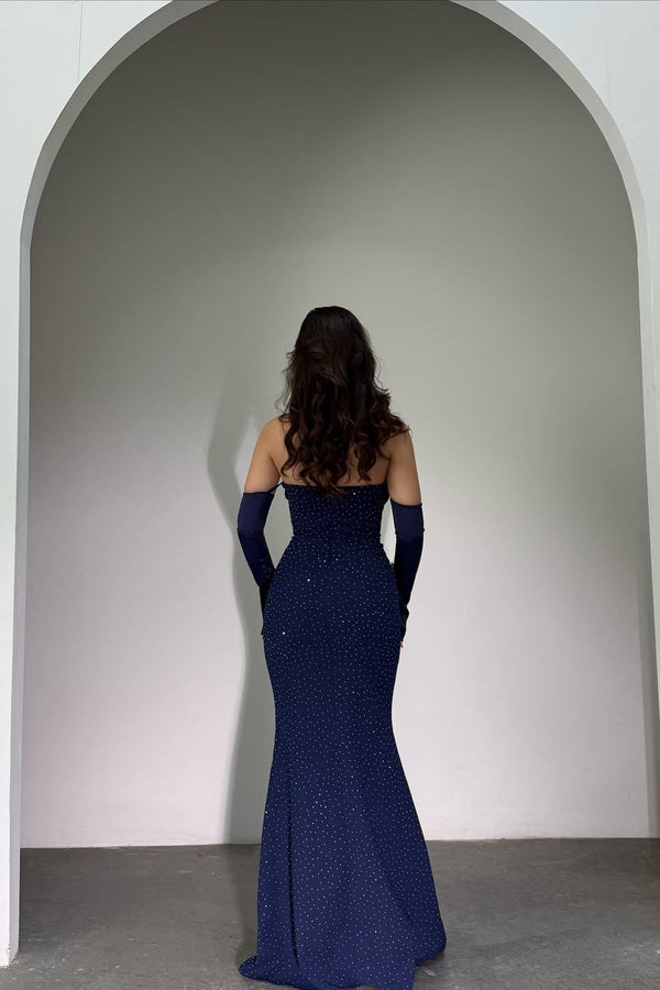 Classy Dark Navy Strapless Mermaid Evening Dresses Detachable Sleeves With Beads Zipper