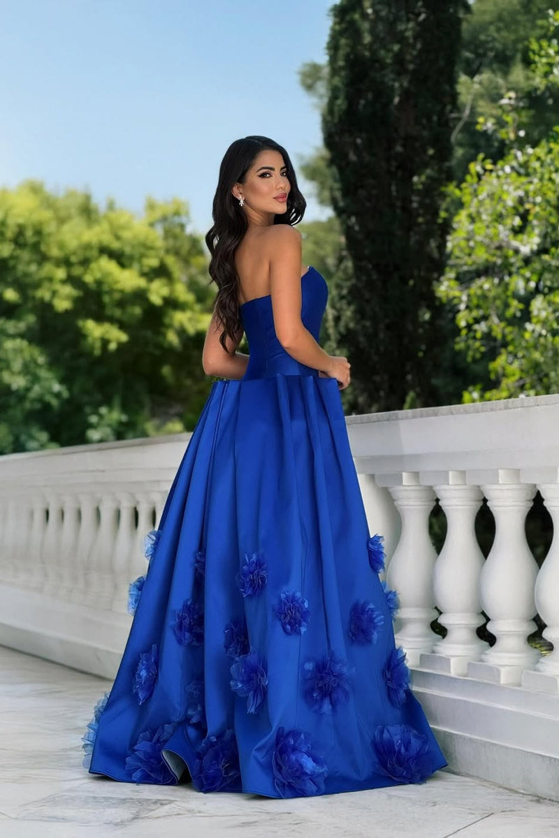 Elegant Royal Blue Strapless Sleeveless Satin Evening Dresses A-Line With Zipper Flower