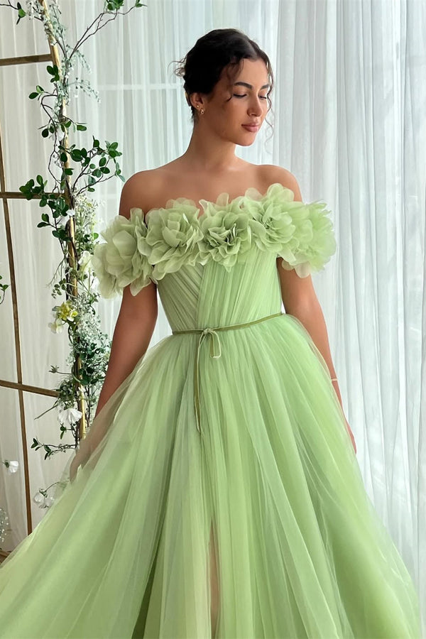 Dreamy Green Off-The-Shoulder Tulle Evening Dresses A-Line High Split With Flower