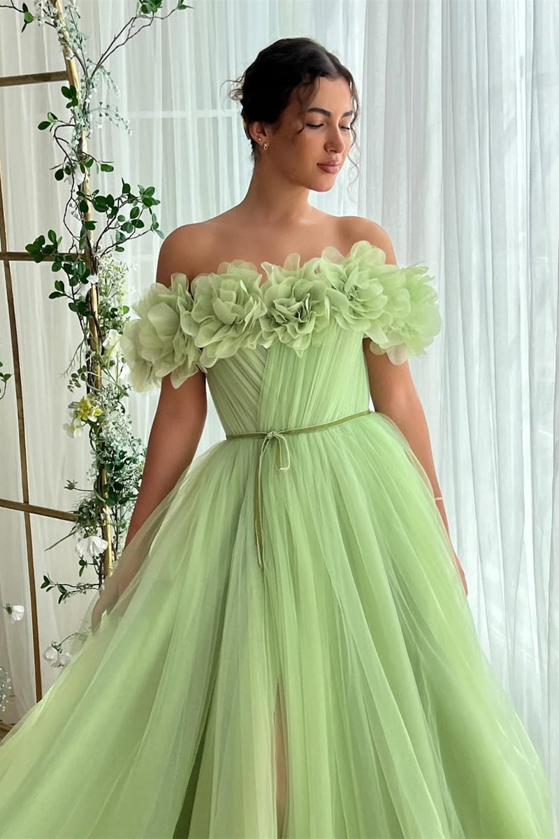Dreamy Green Off-The-Shoulder Tulle Evening Dresses A-Line High Split With Flower