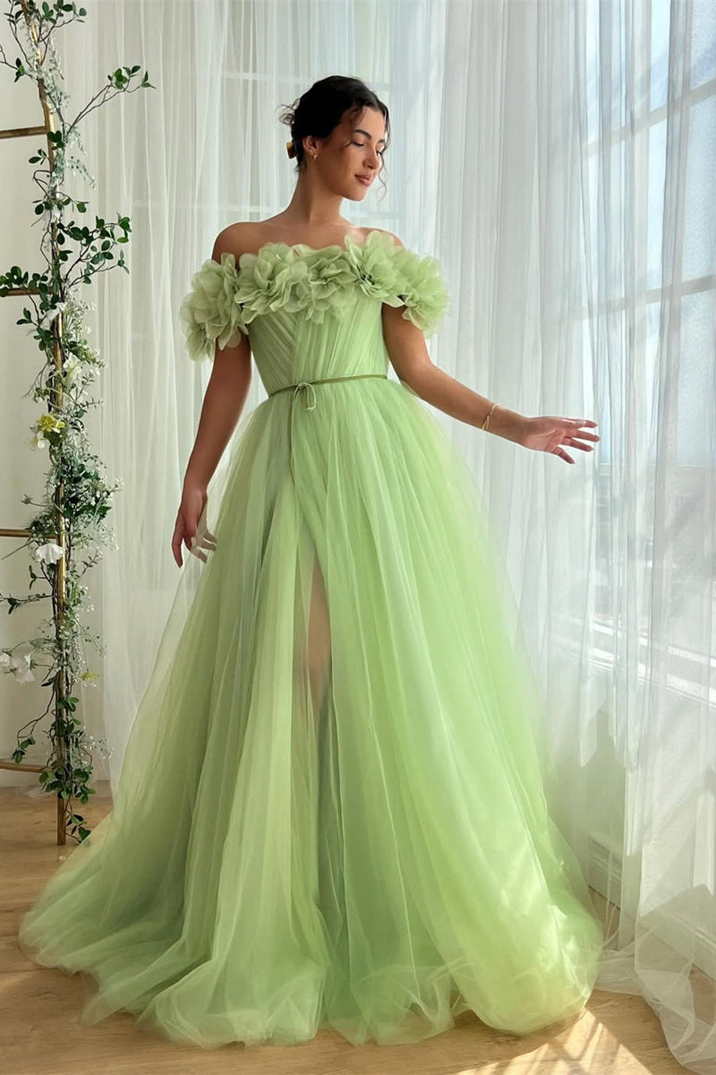 Dreamy Green Off-The-Shoulder Tulle Evening Dresses A-Line High Split With Flower