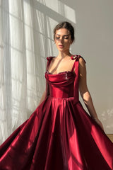 Elegant Burgundy Straps Sleeveless Satin Evening Dresses A-Line Ankle Length With Beads
