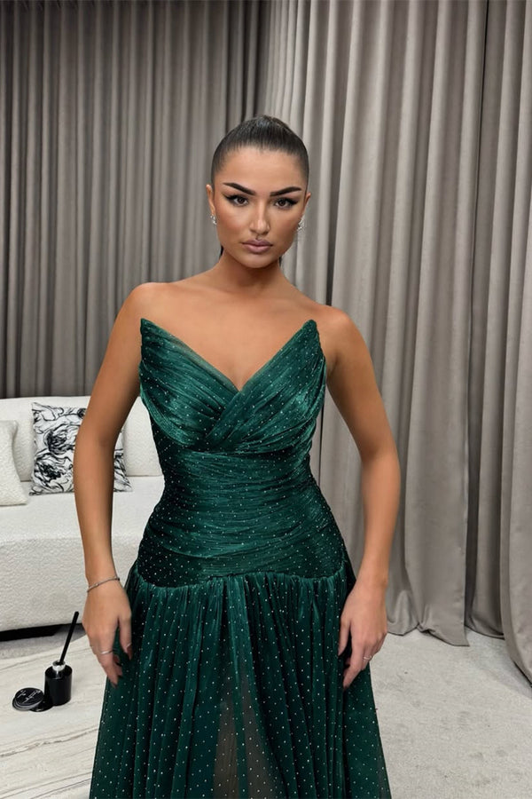 Glamorous Dark Green Strapless Sleeveless V-Neck Evening Dresses A-Line Long With Pleats