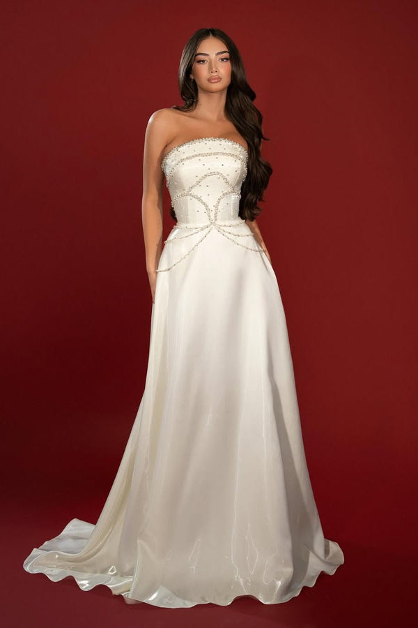 Exquisite Strapless Sleeveless A-Line Evening Dresses Pearls Long On Sale