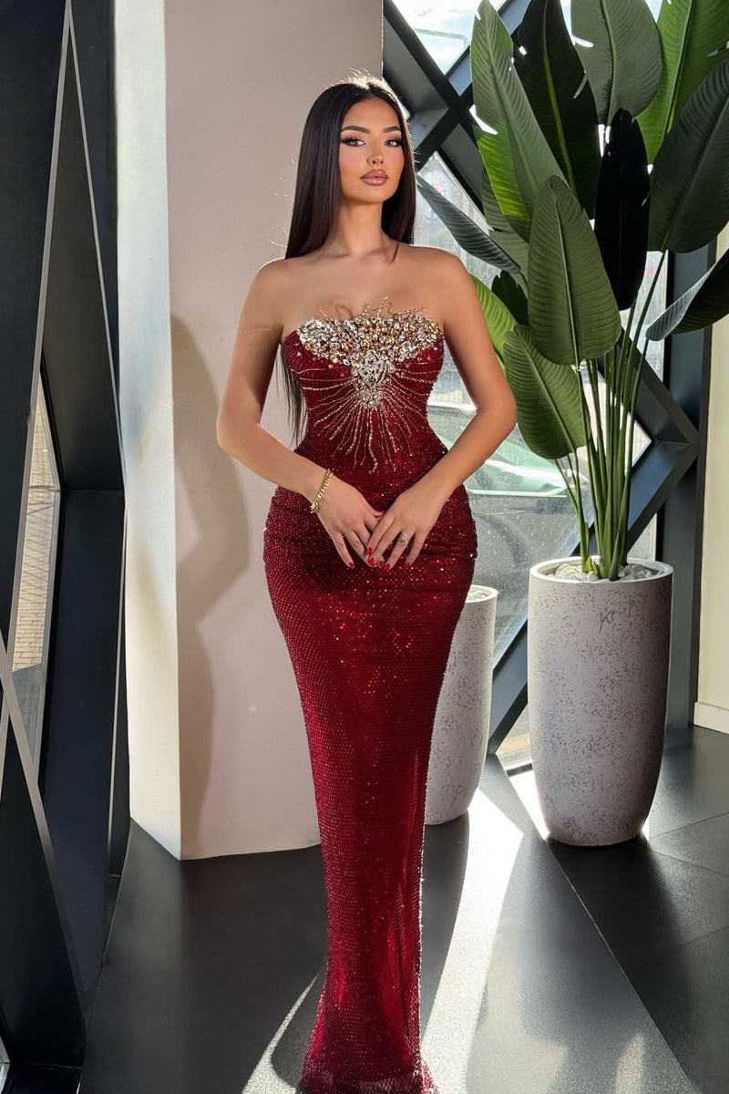 Modern Burgundy Strapless Sleeveless Mermaid Evening Dresses Sheath Gem With Pleats