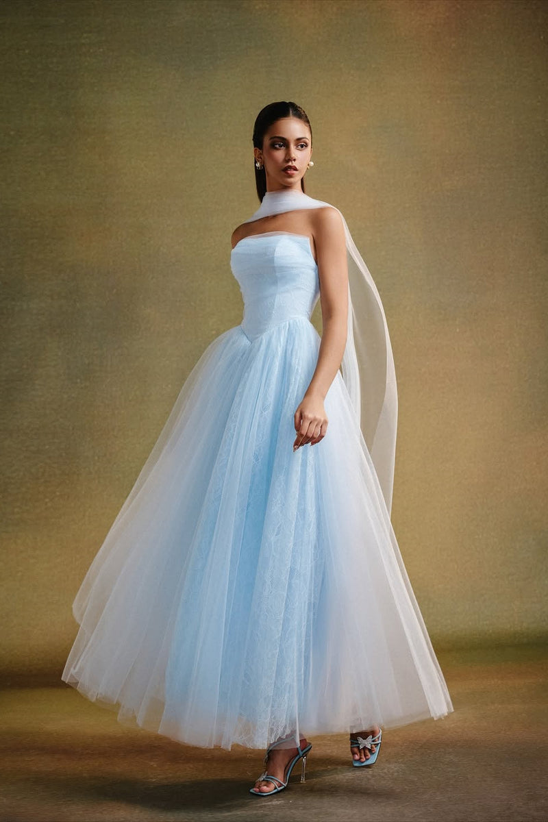 Dreamy Sky Blue Strapless Sleeveless Tulle Evening Dresses A-Line With Pleats
