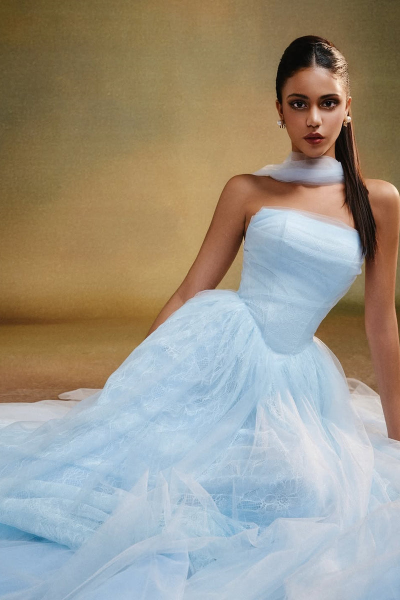 Dreamy Sky Blue Strapless Sleeveless Tulle Evening Dresses A-Line With Pleats