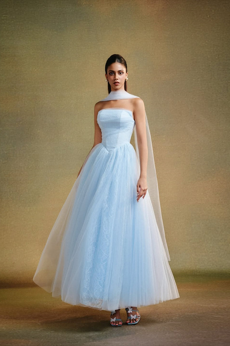 Dreamy Sky Blue Strapless Sleeveless Tulle Evening Dresses A-Line With Pleats