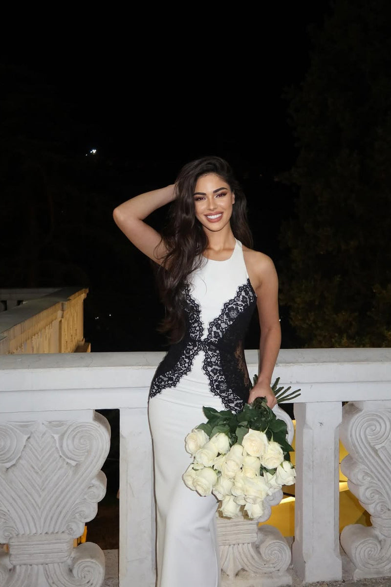 Exquisite White Black Halter Sleeveless Satin Evening Dresses Mermaid Column With Lace