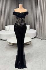 Timeless Black Off-The-Shoulder Sequins Mermaid Evening Dresses Sheath With Lace