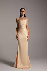 Gorgeous Strapless Sleeveless Satin Mermaid Evening Dresses Column Pleats With Zipper