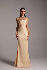 Gorgeous Strapless Sleeveless Satin Mermaid Evening Dresses Column Pleats With Zipper