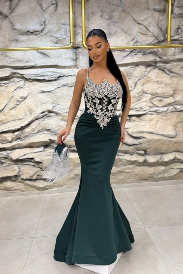 Modern Spaghetti-Straps sleeveless Mermaid Evening Dresses Sheath Gem With Pleats