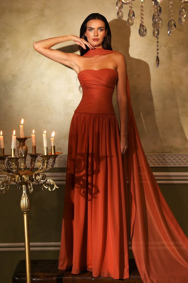 Glamorous Burnt Orange Sweetheart Strapless Sleeveless Chiffon Evening Dresses A-Line With Pleats