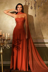 Glamorous Burnt Orange Sweetheart Strapless Sleeveless Chiffon Evening Dresses A-Line With Pleats