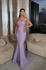 Sparkling Purple Strapless Sleeveless Mermaid Evening Dresses Column On Sale