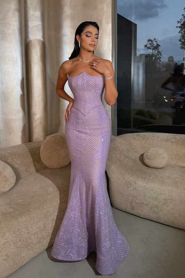 Sparkling Purple Strapless Sleeveless Mermaid Evening Dresses Column On Sale