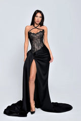 Exquisite Black Asymmetrical Halter Sleeveless Satin Lace Evening Dresses High Split With Pleats