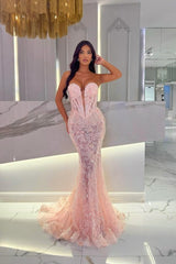 Sparkling Pink V-Neck Strapless Sleeveless Lace Evening Dresses Mermaid Sheath With Beads
