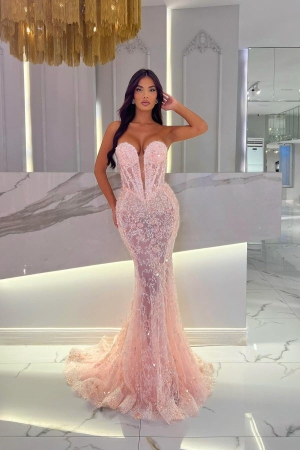 Sparkling Pink V-Neck Strapless Sleeveless Lace Evening Dresses Mermaid Sheath With Beads