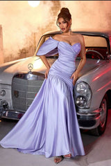 Luxury Lavender Sweetheart One Shoulder Satin Evening Dresses Column Beads With Pleats