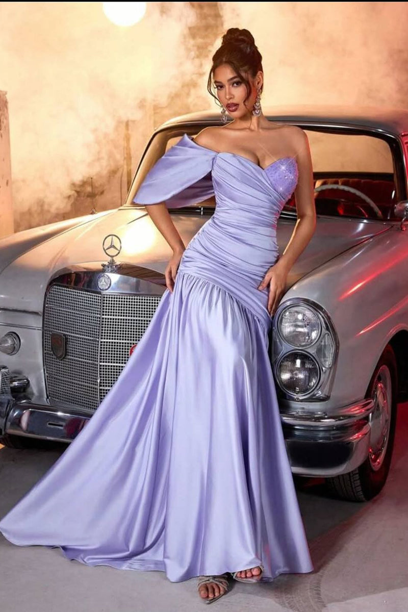 Luxury Lavender Sweetheart One Shoulder Satin Evening Dresses Column Beads With Pleats