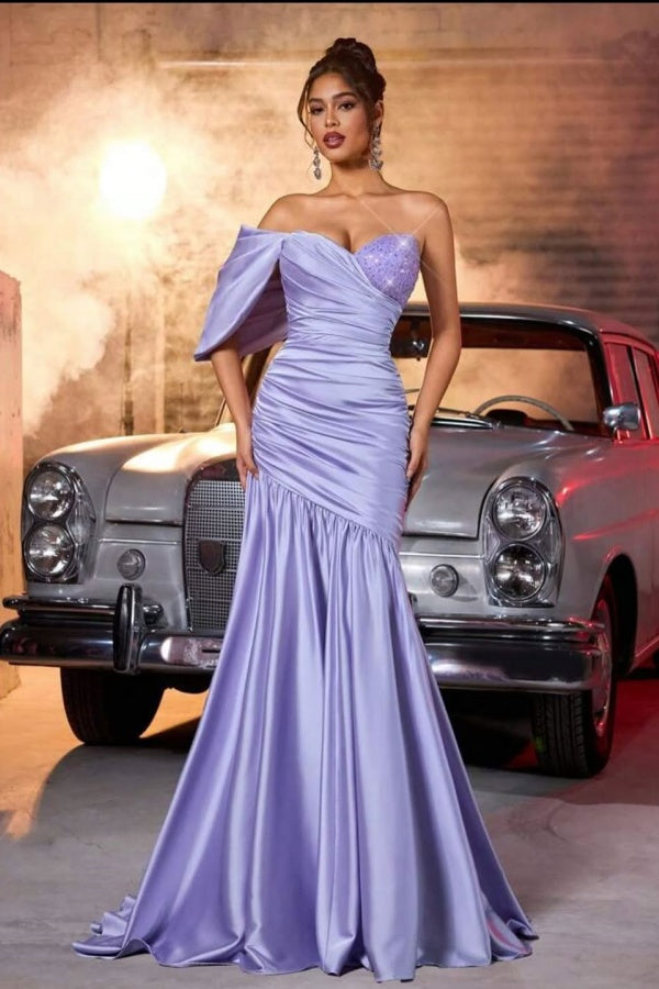 Luxury Lavender Sweetheart One Shoulder Satin Evening Dresses Column Beads With Pleats