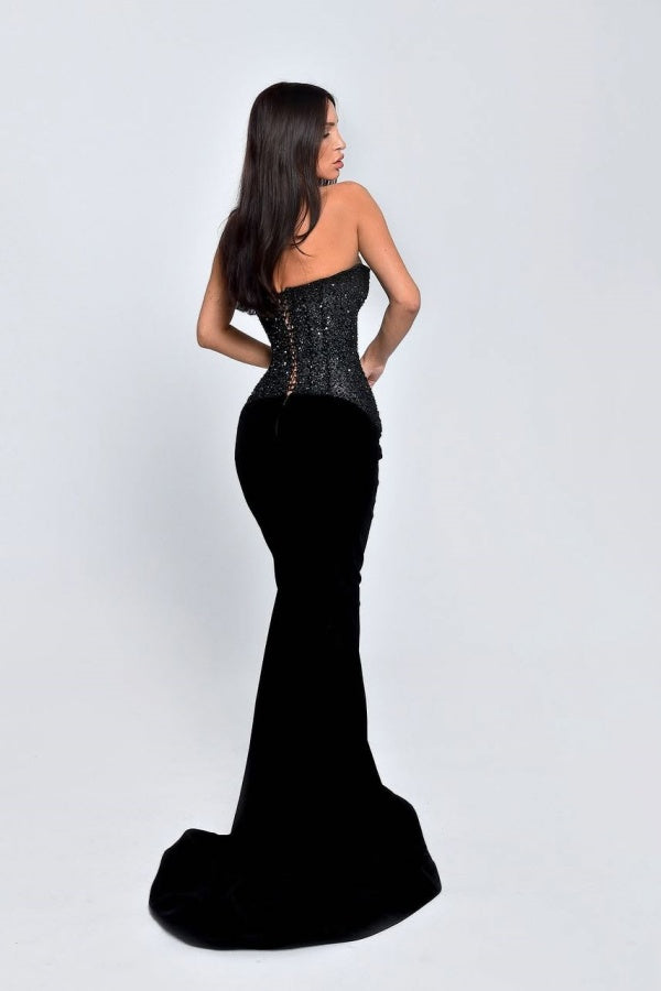 Exquisite Black Strapless Sleeveless Mermaid Evening Dresses Sheath Beads With Lace-Up Back