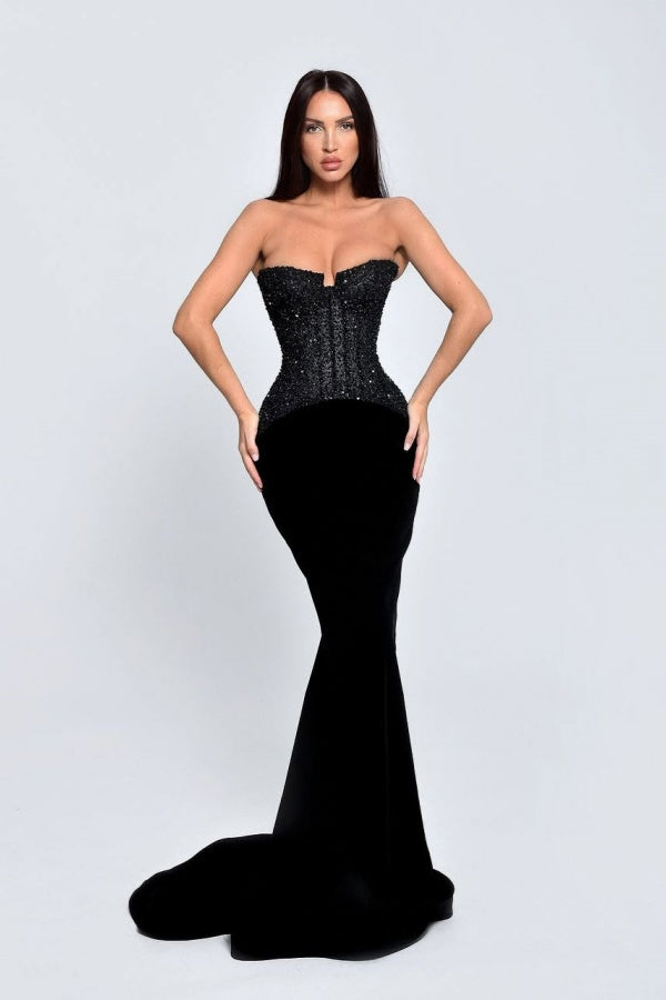 Exquisite Black Strapless Sleeveless Mermaid Evening Dresses Sheath Beads With Lace-Up Back