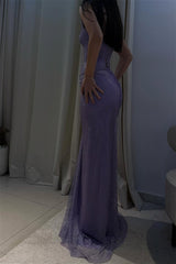 Romantic Lilac V-Neck Strapless Sleeveless Evening Dresses Mermaid High Split With Lace-Up Back