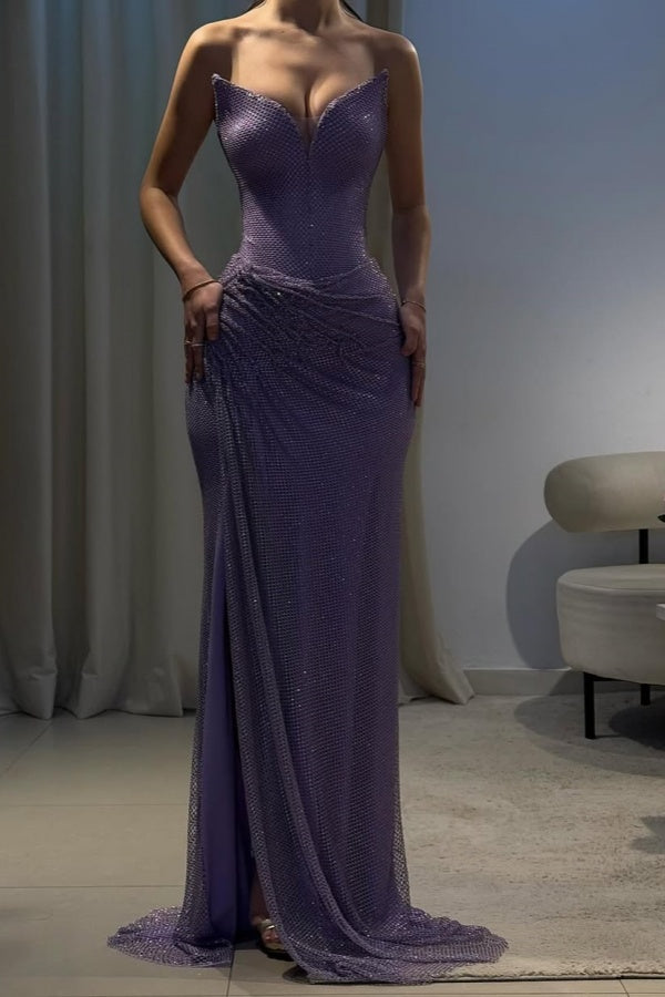 Romantic Lilac V-Neck Strapless Sleeveless Evening Dresses Mermaid High Split With Lace-Up Back
