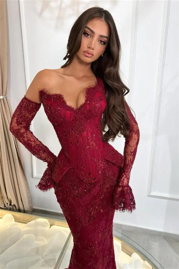 Romantic Burgundy Strapless V-Neck Lace Evening Dresses Mermaid Sheath With Gloves