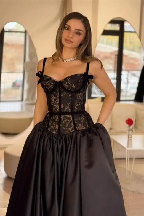 Exquisite Black Straps Sweetheart Sleeveless Evening Dresses A-Line Long With Pocket