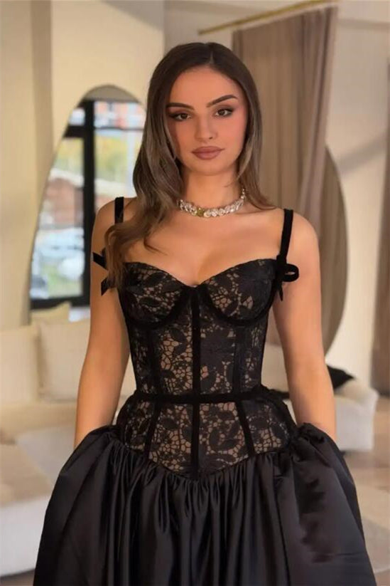 Exquisite Black Straps Sweetheart Sleeveless Evening Dresses A-Line Long With Pocket